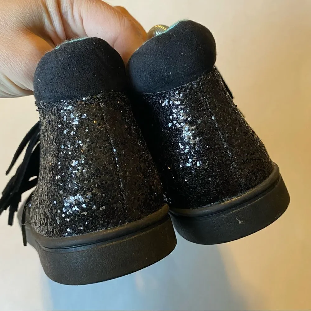 Cat & Jack Black faux suede slip on Chelsea short sneaker boots glitter fringe 5